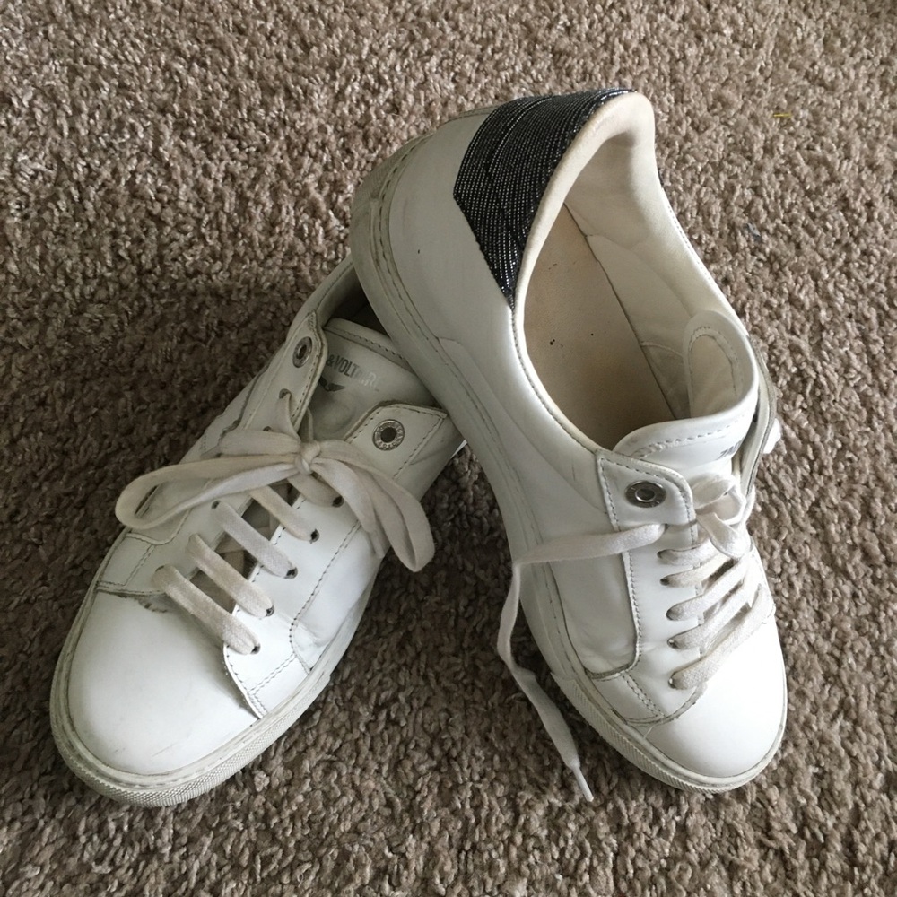 Zadig & Voltaire White Low-Top Sneakers with Black Sparkle Heel Accent